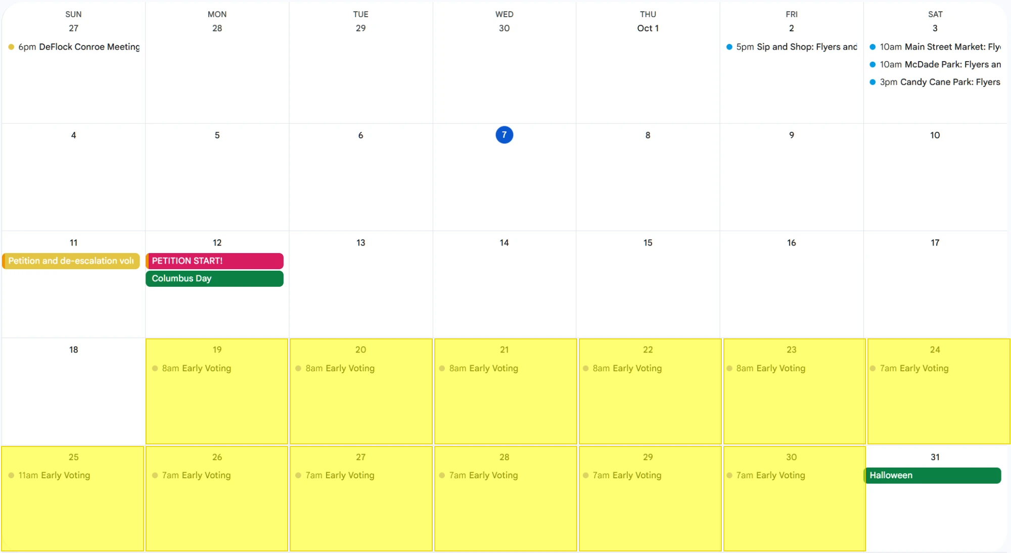 October 2026 calendar showing the petition start date of Monday, October 12, a de-escalation training on Sunday, October 11, and early voting days from October 19 through 30 highlighted in yellow